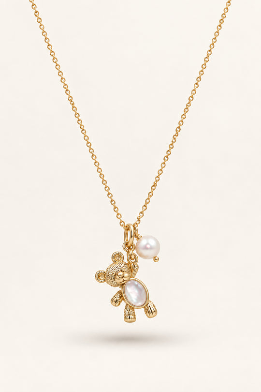APAERZ TEDDY Halskette mit Teddy-Anhänger, Perlmutt und Süßwasserperle in Gold