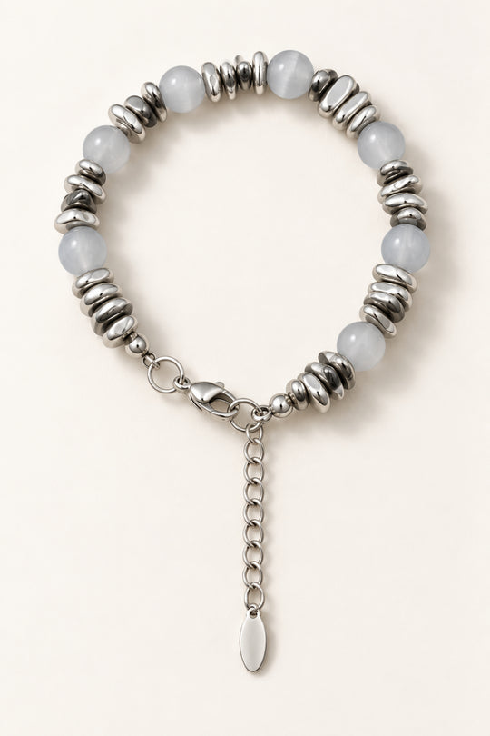 APAERZ SELENA Armband mit grauen Katzenaugensteinen in Ringform, mit Karabinerverschluss und Verlängerungskette