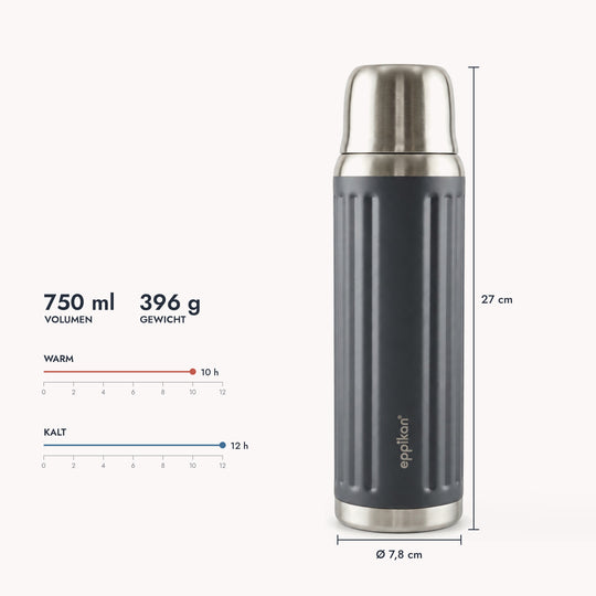EPPIKAN eppiGrand 750 ml Thermoflasche mit Größen- und Isolierangaben