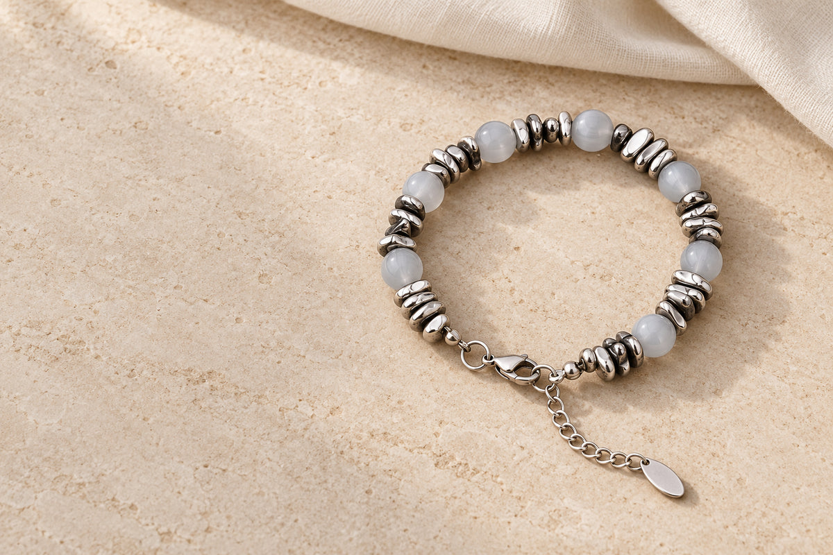 APAERZ SELENA – Armband mit grauen Katzenaugensteinen & Edelstahl