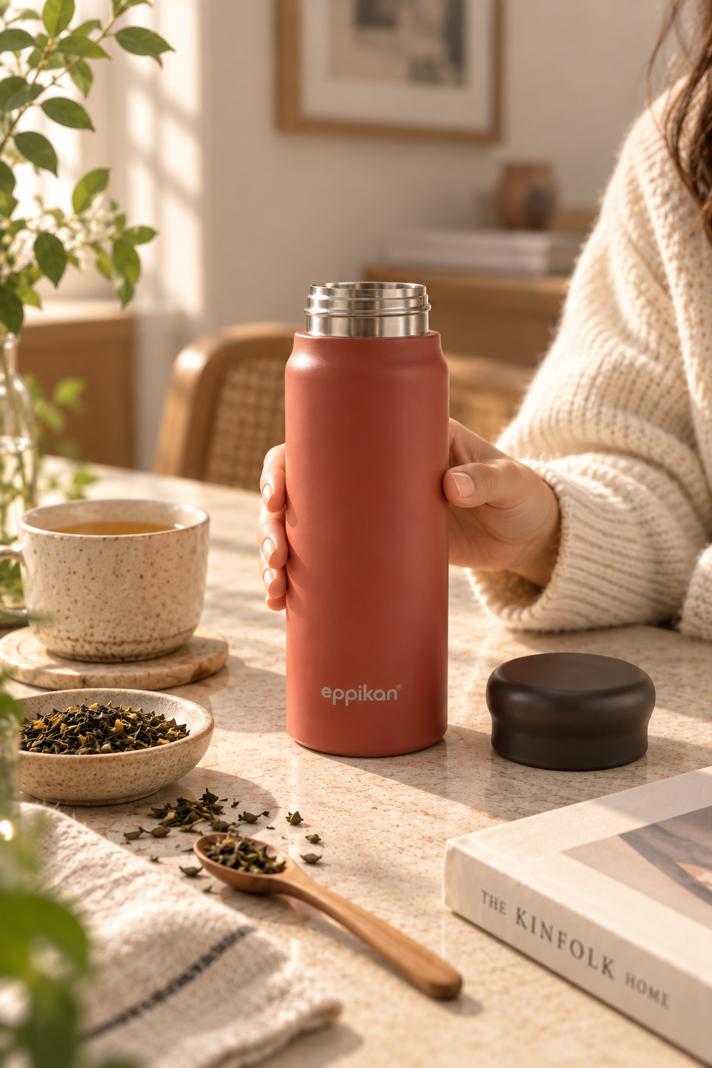 EPPIKAN eppiCha Thermobecher in Coral Red beim Teetrinken