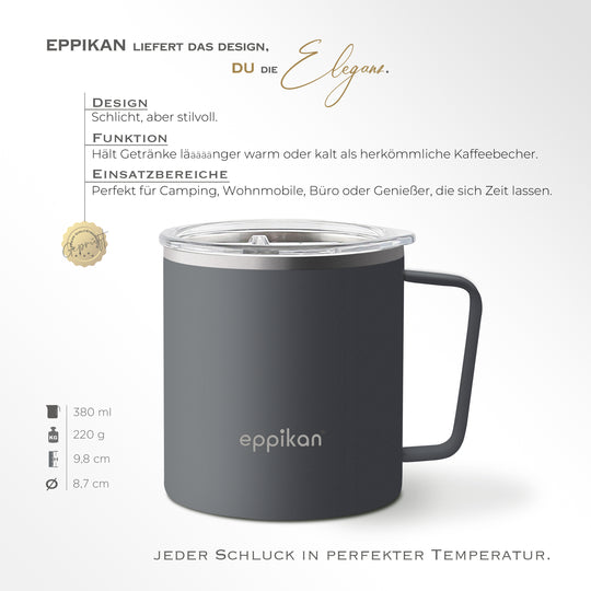EPPIKAN eppiTall Thermobecher in Night Grey mit Größenangaben