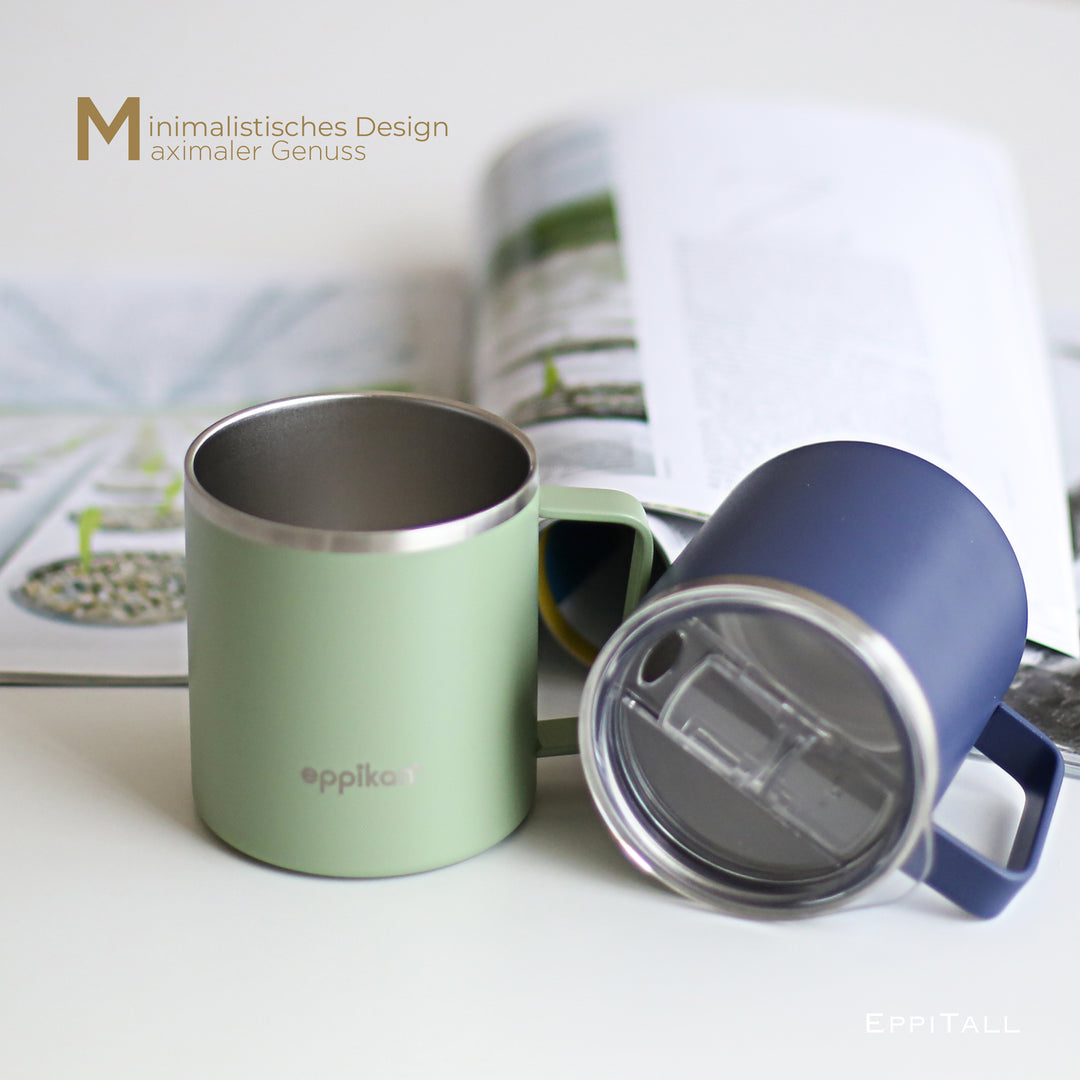 EPPIKAN eppiTall Thermobecher in Moss Green und Space Blue mit transparentem Deckel
