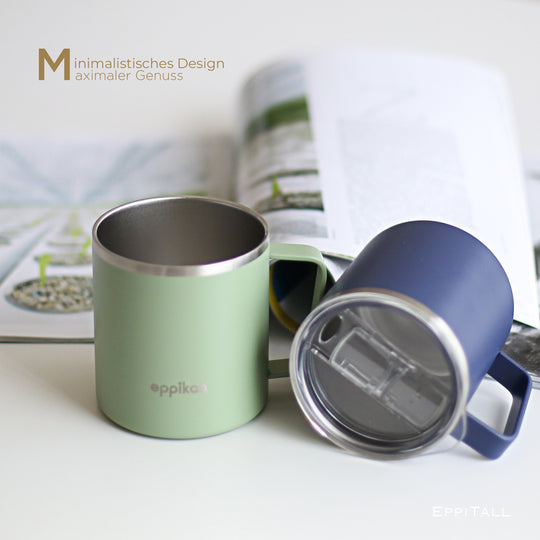 EPPIKAN eppiTall Thermobecher in Moss Green und Space Blue mit transparentem Deckel