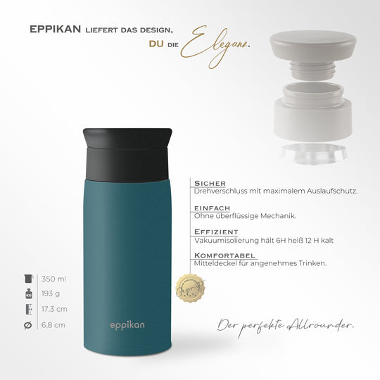 EPPIKAN eppiToGo Thermobecher 350 ml mit Maßen und Deckeldesign