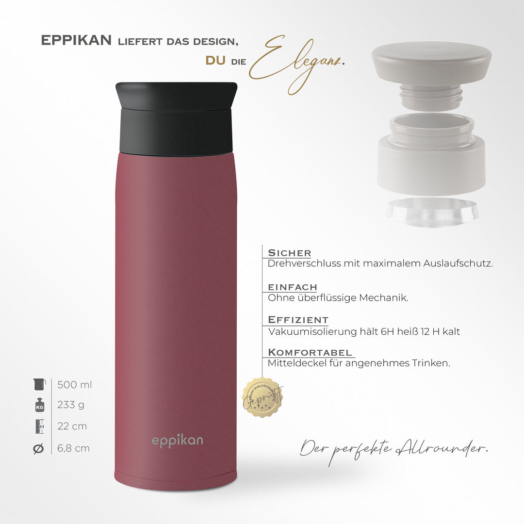 EPPIKAN eppiToGo Thermobecher 500 ml mit Maßen und Deckeldesign