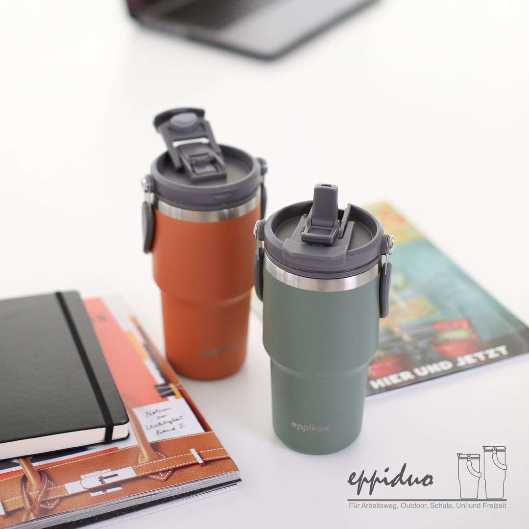 eppiDuo Thermobecher in Terracotta und Xanadu mit zwei Trinköffnung
