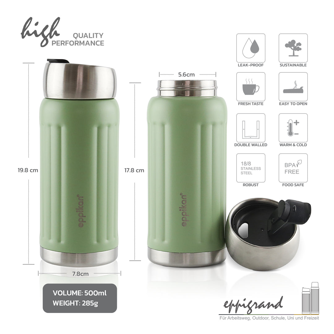 EPPIKAN eppiGrand Thermobecher 500 ml in Moss Green mit Produktdetails und Maßen