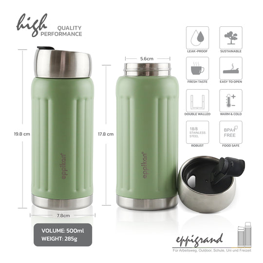 EPPIKAN eppiGrand Thermobecher 500 ml in Moss Green mit Produktdetails und Maßen